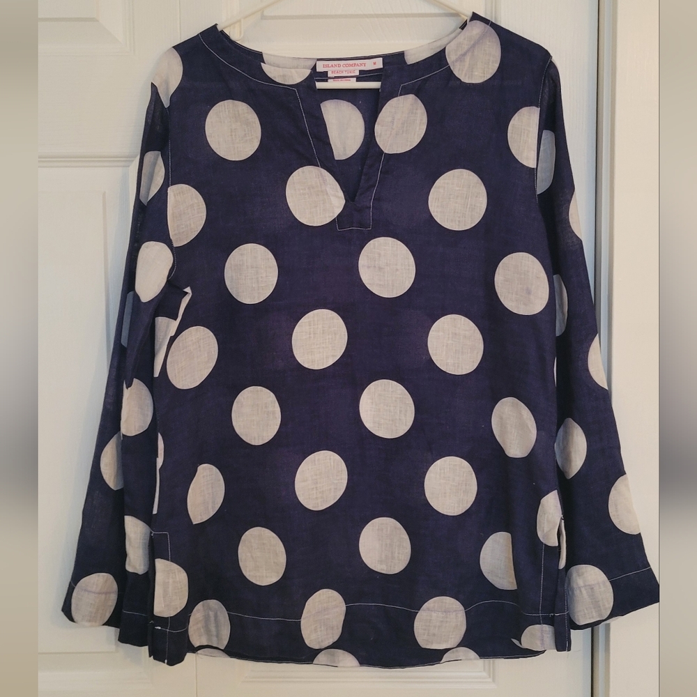 Island Company Linen Beach tunic, size medium, navy blue/white
